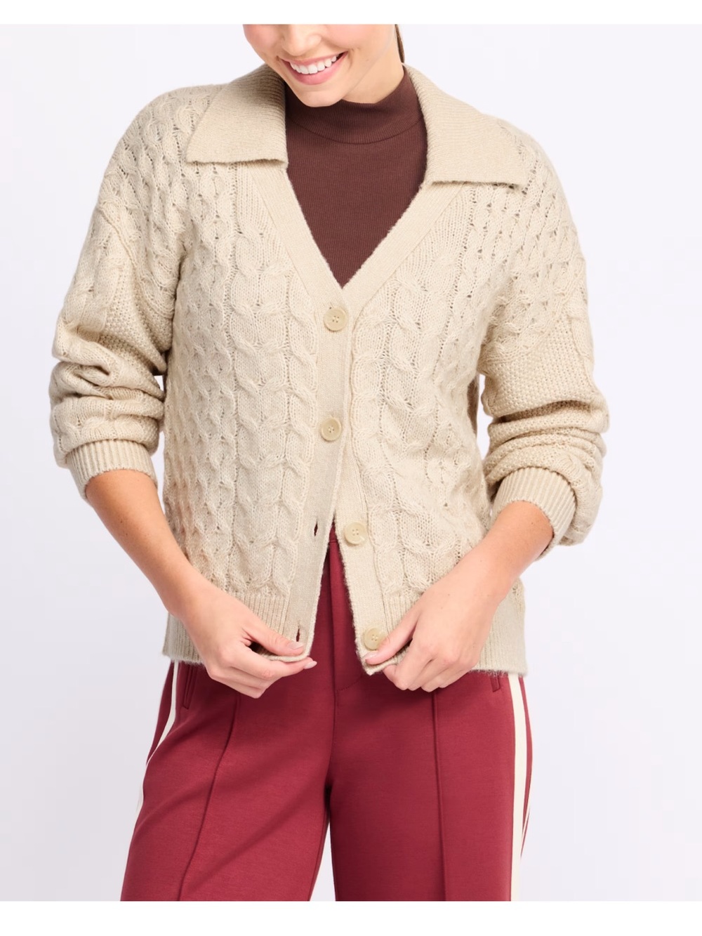 Cable-Knit Button Cardigan Sweater in Cream